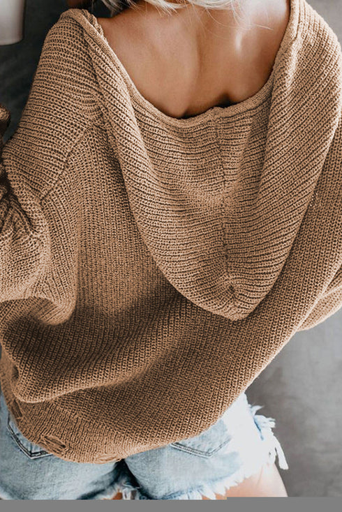 Zipper V-Neck Dropped Sleeve Hooded Solid Sweater